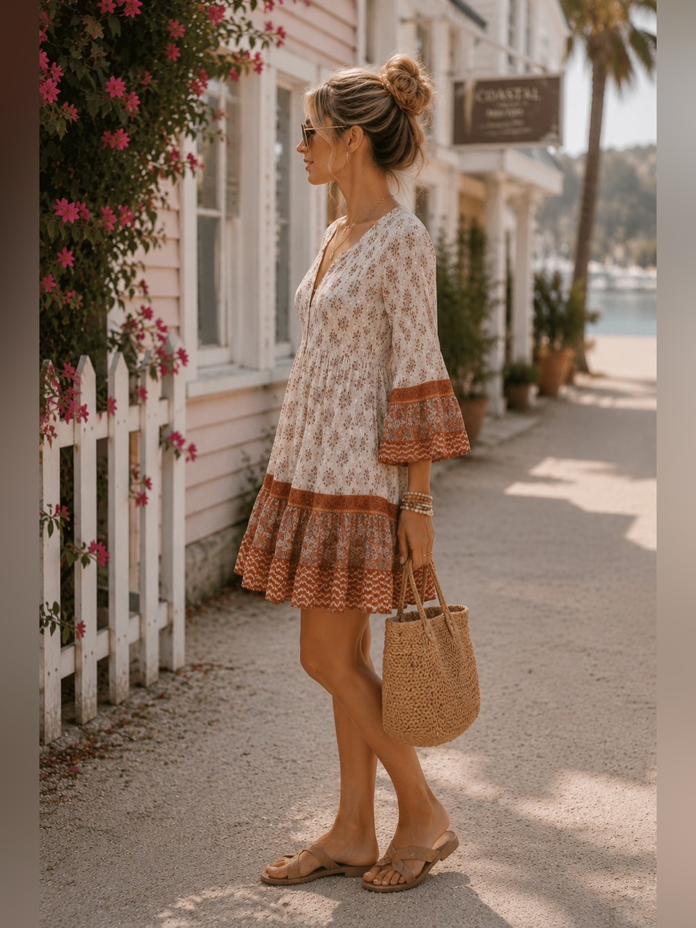 Boho Cream , Rust Printed Tiered Mini Dress Beachy Flowy , hippie summer Beach - Picture 2 of 12
